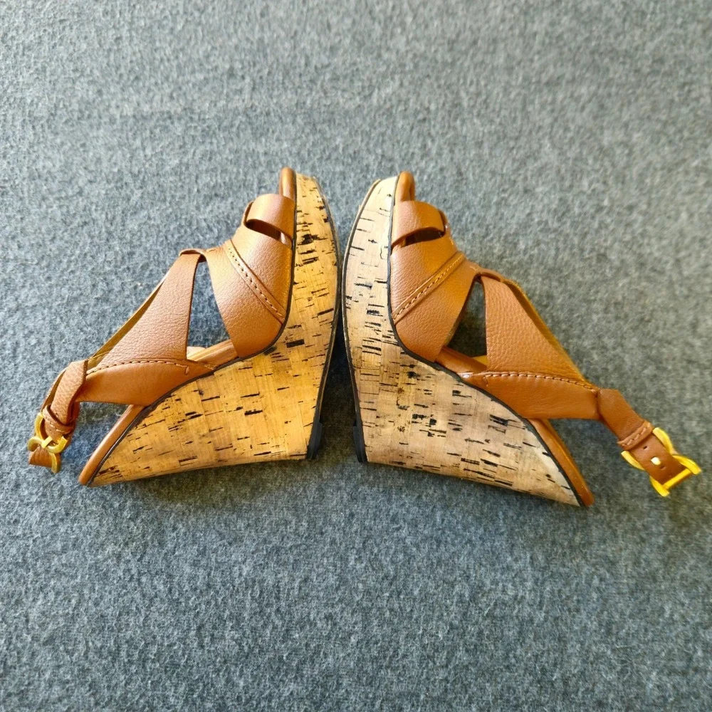 CHLOE Renna Cork Wedge Sandals 38 Act 36 Cognac Leather Strappy Platform CH16066